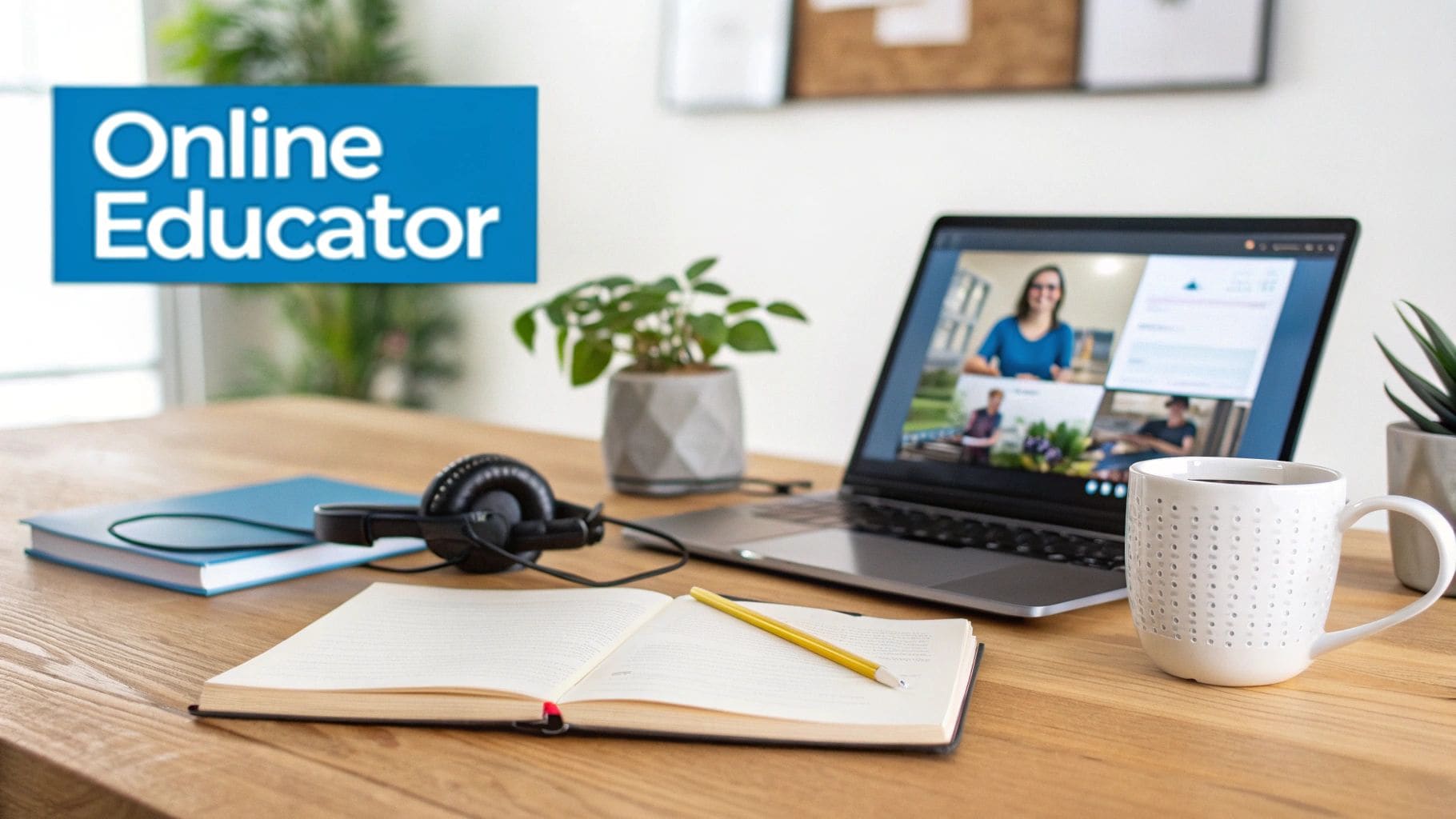 A desk setup with a laptop displaying an online class, headphones, notebooks, and coffee
