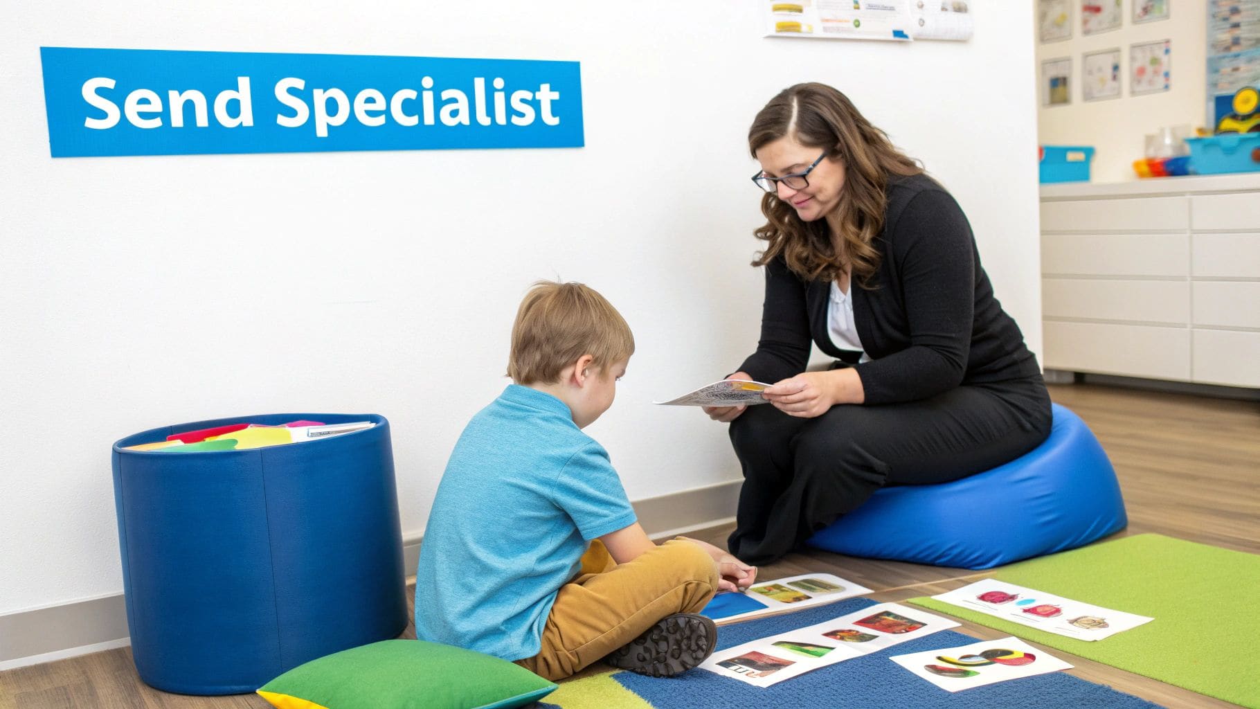 A female specialist works with a young student using educational flashcards on the floor in a classroom setting