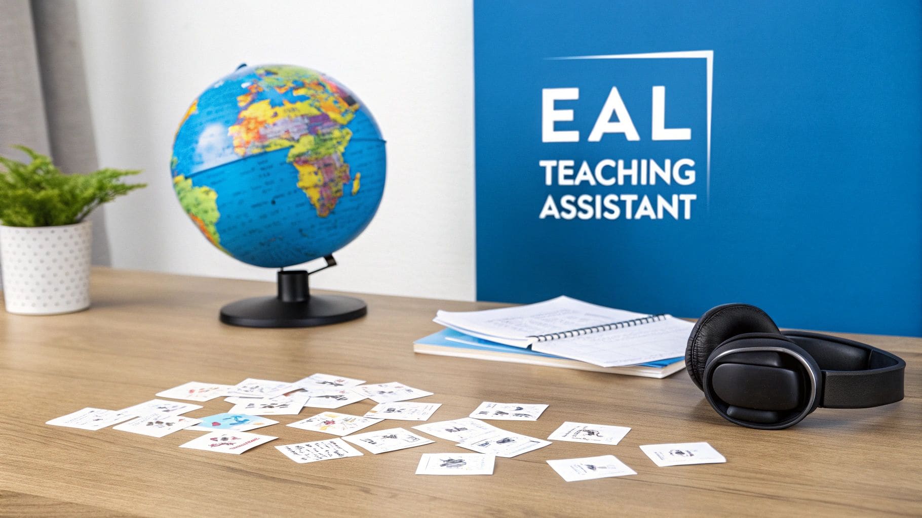 A desk with a globe, plant, headphones, and educational flashcards with 'EAL TEACHING ASSISTANT' sign