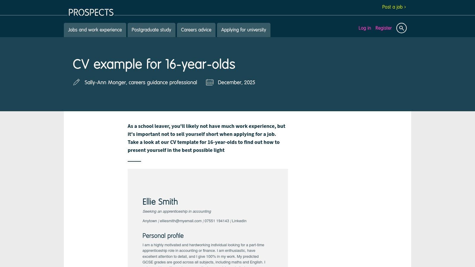 Screenshot of Prospects website showing CV examples and guidance for first job seekers