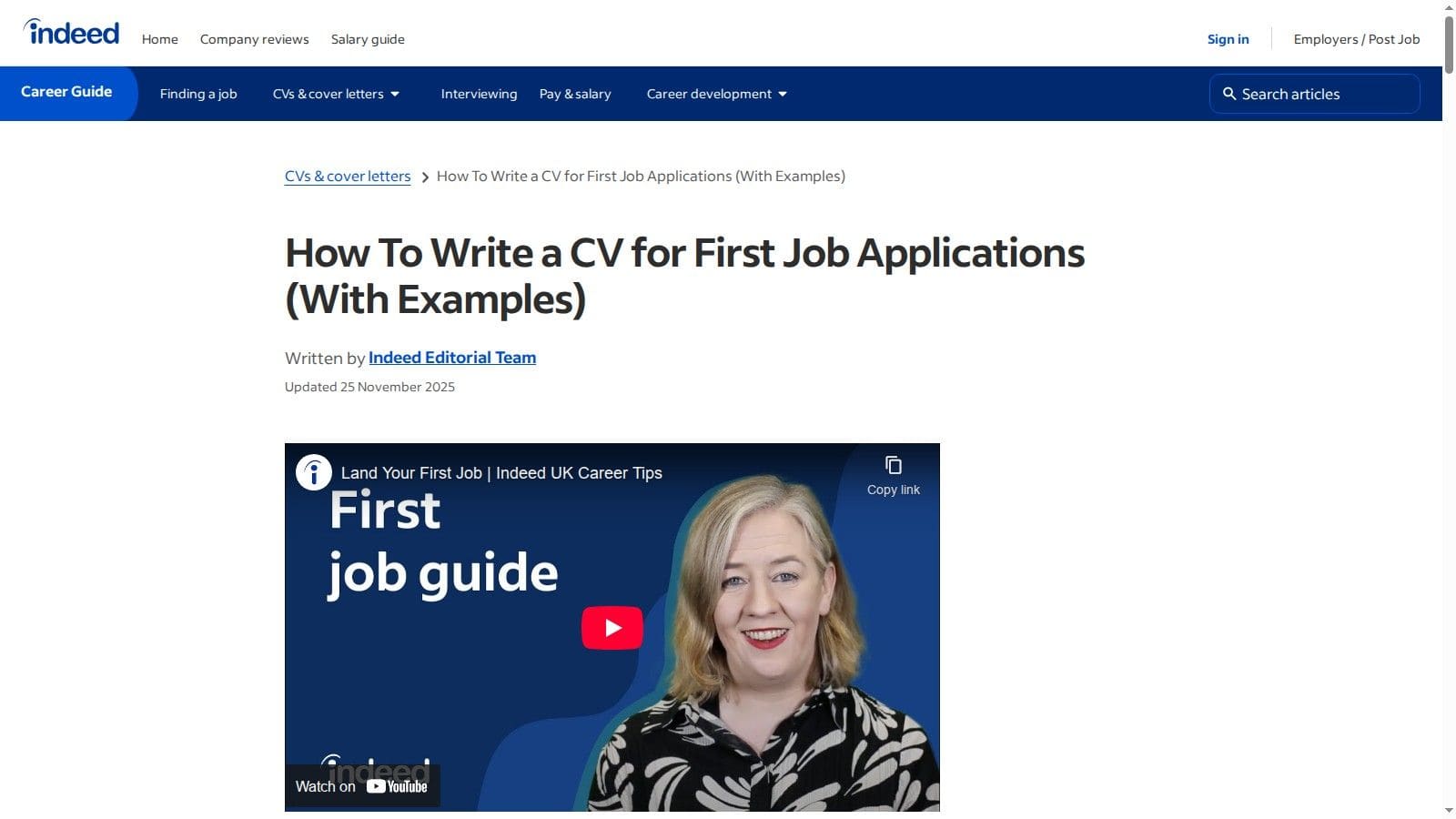 Indeed UK website showing CV builder interface and career advice for first job applicants