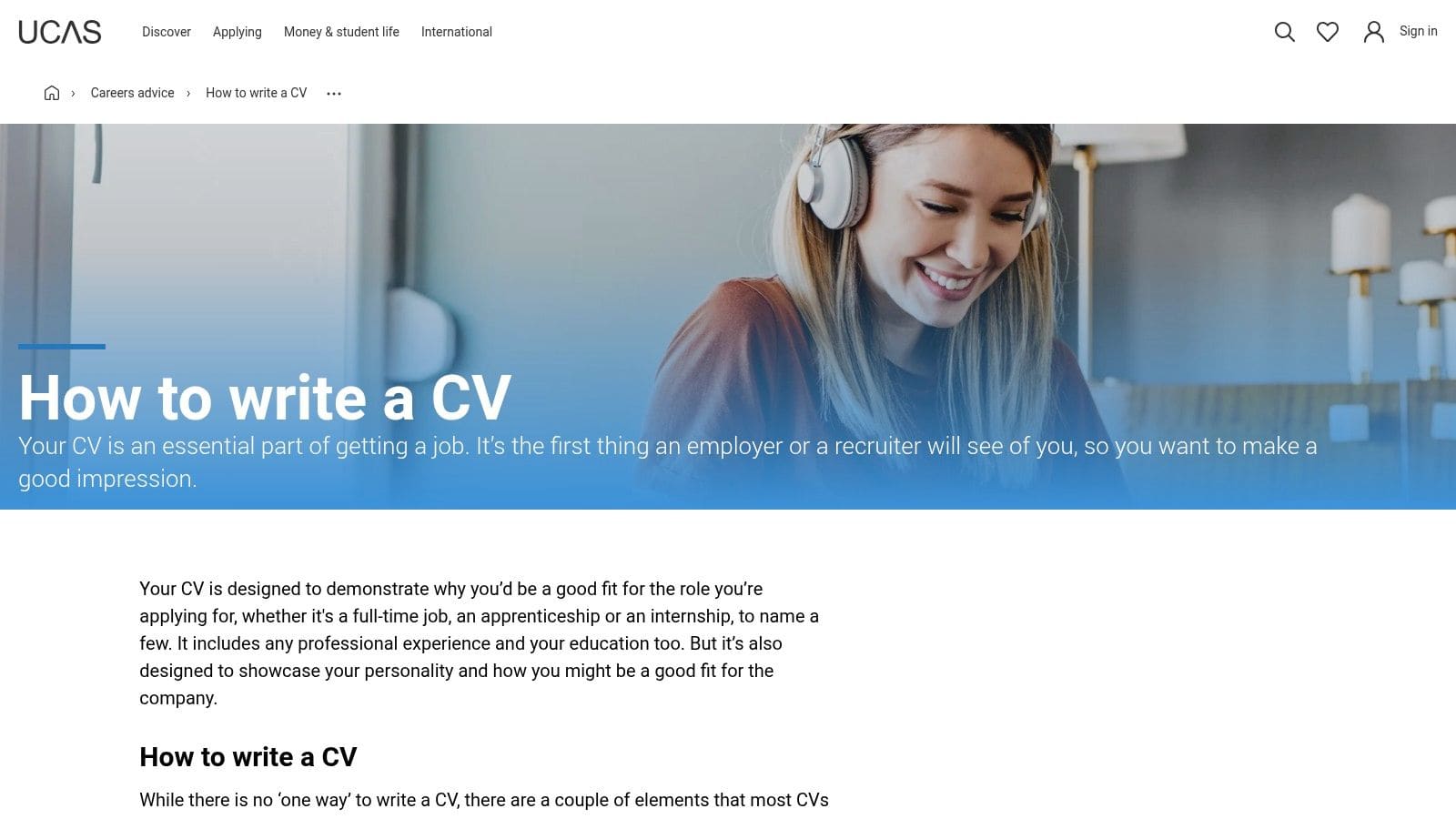 UCAS Careers website showing CV builder and guidance for students and school leavers
