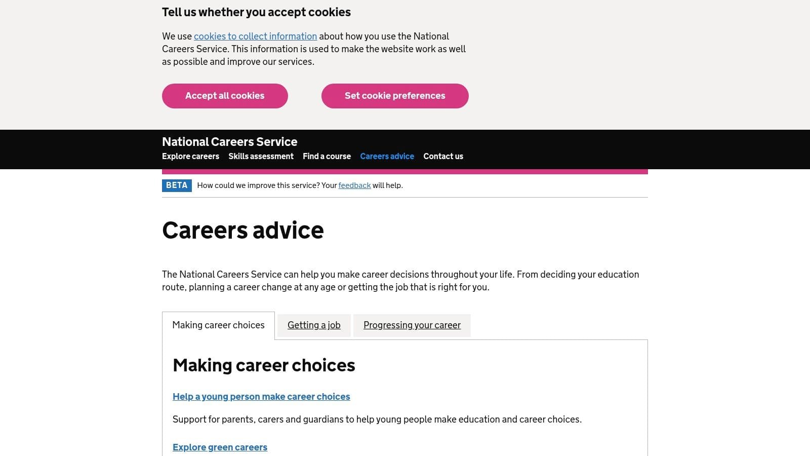 National Careers Service website showing official UK government CV guidance and advice