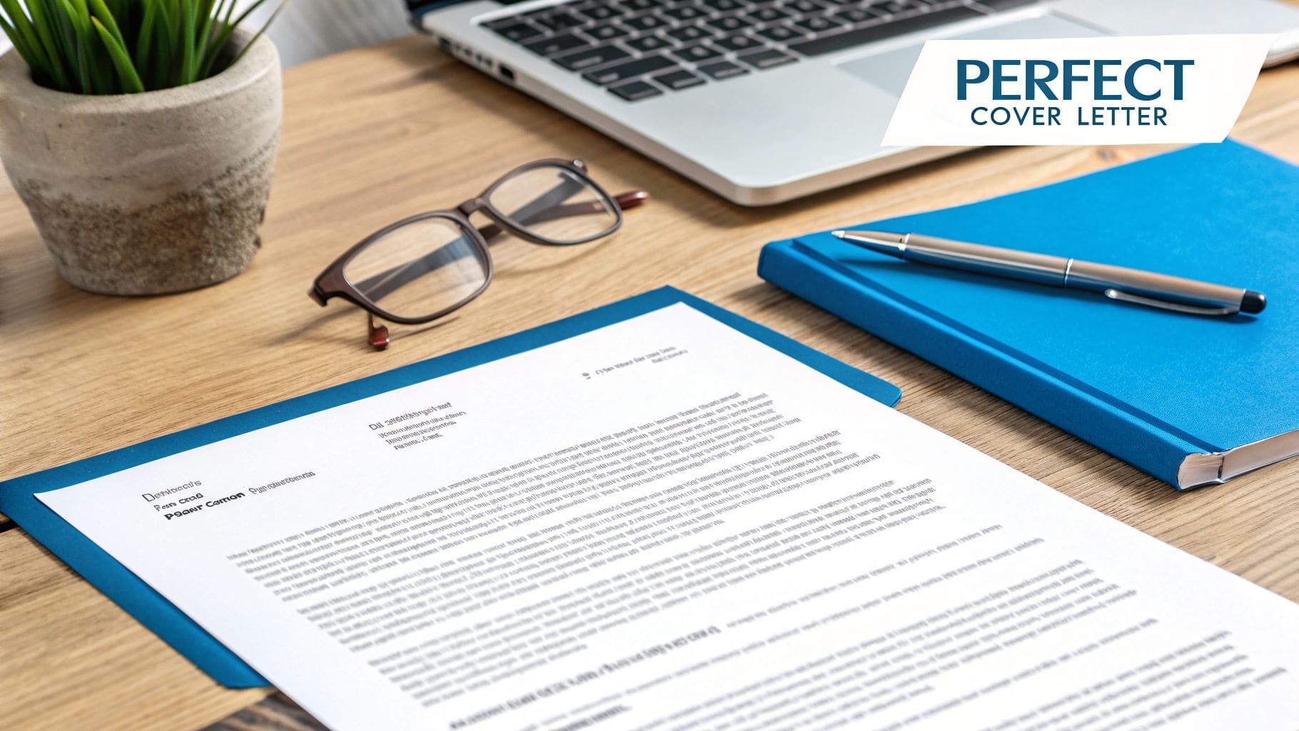 A professional desk setup with a laptop, glasses, plant, blue notebook, pen, and a cover letter document in a blue folder