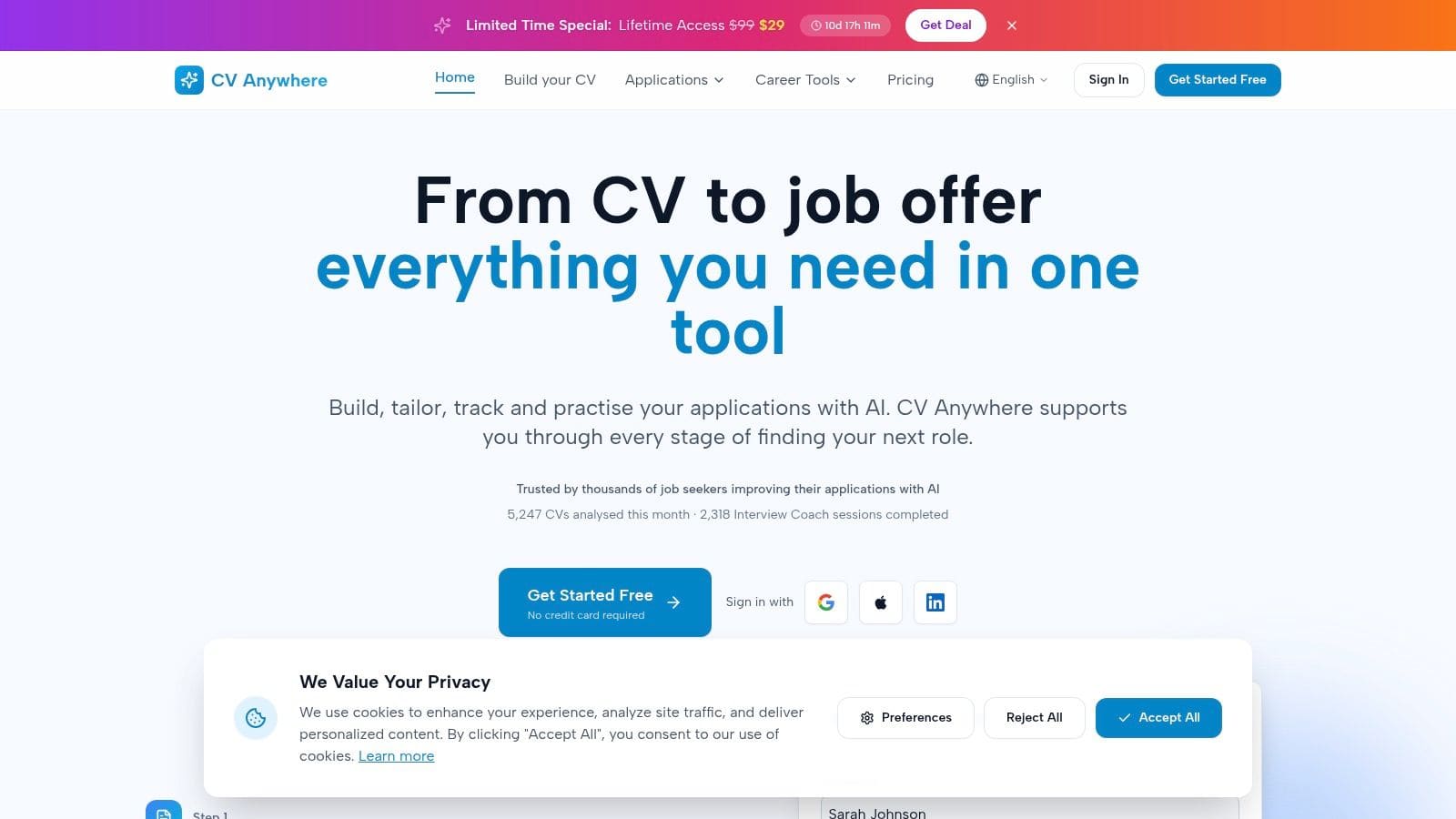CV Anywhere resume builder interface showing a professional template with AI-powered suggestions and real-time editing tools