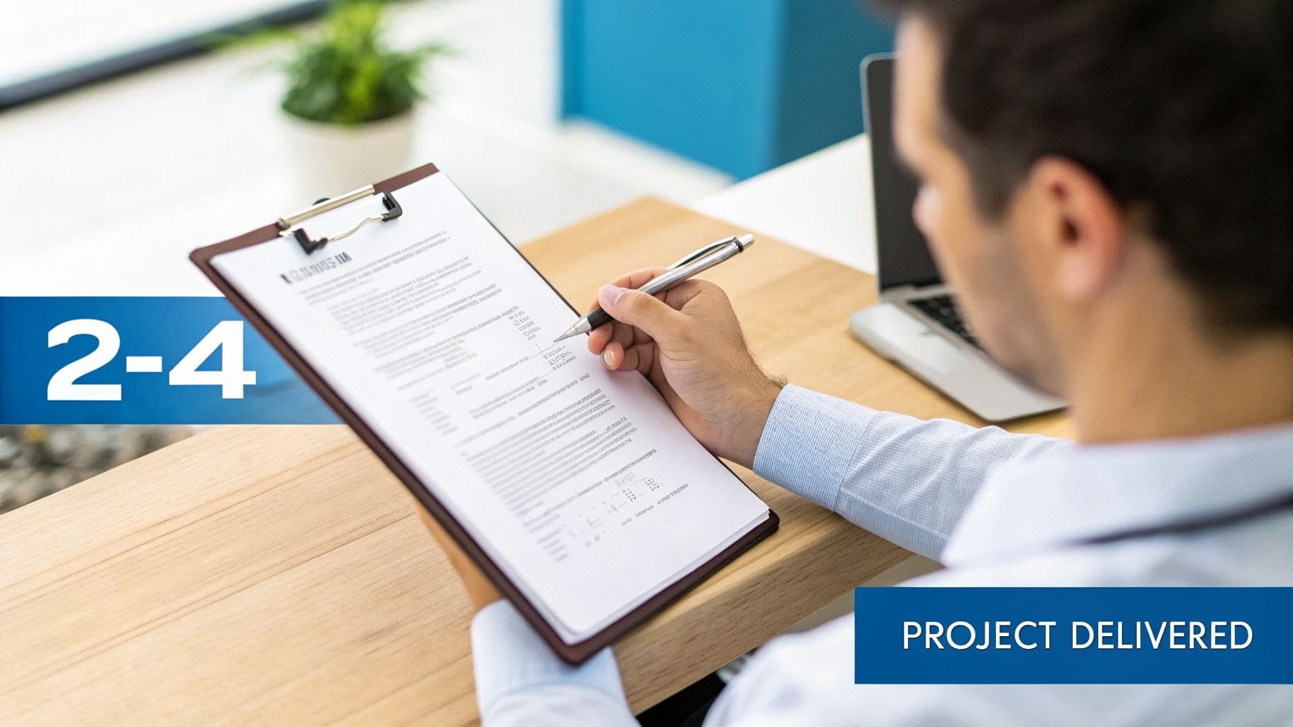 Man's hand signing document on clipboard with pen and laptop in background