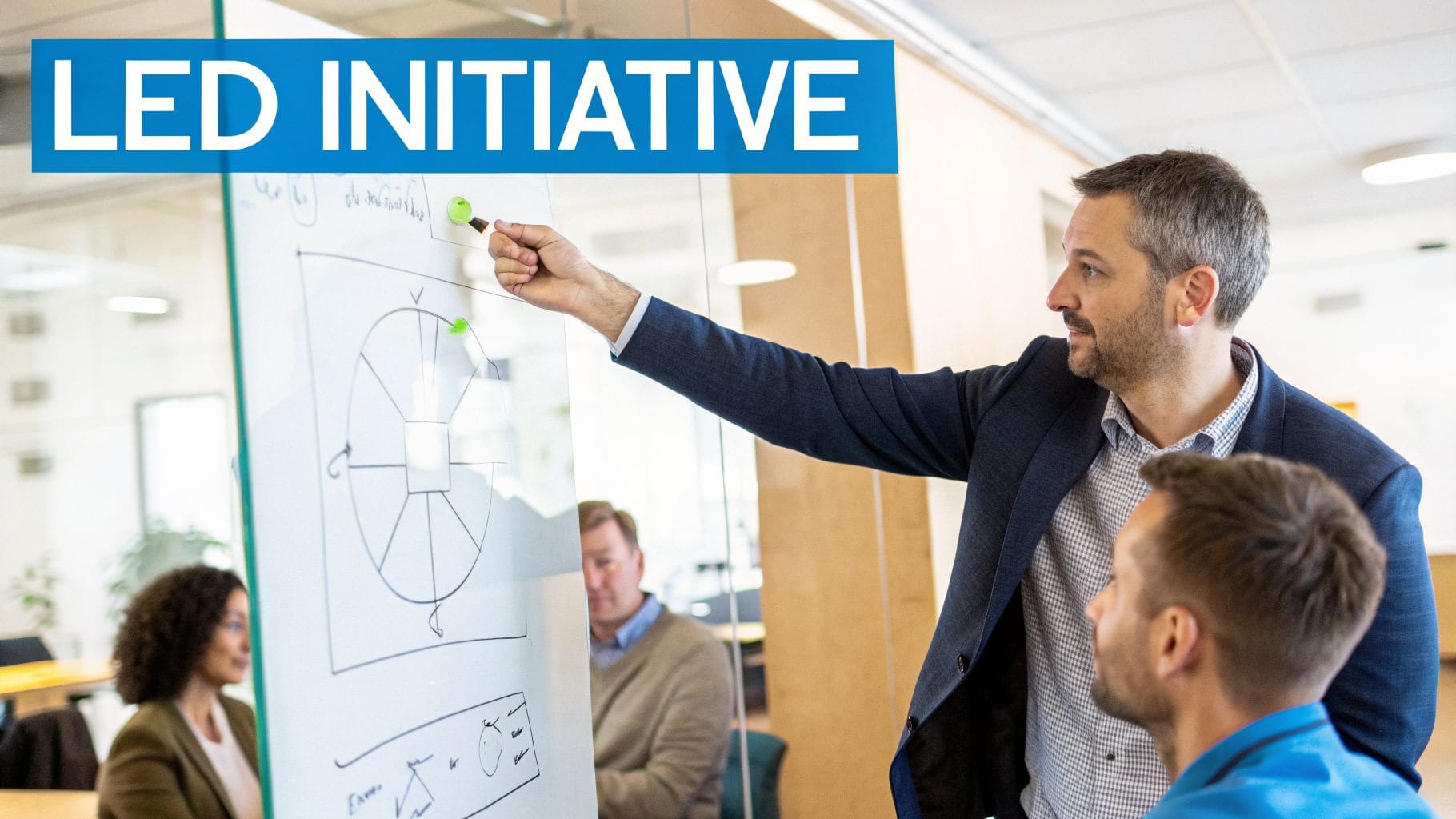 Man in suit explaining LED INITIATIVE on whiteboard to team during business meeting