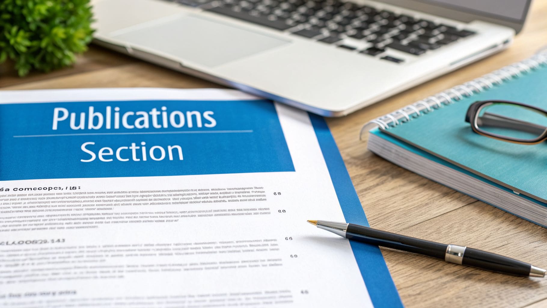 Close-up of desk with document titled Publications Section, laptop, pen, notebook, and glasses