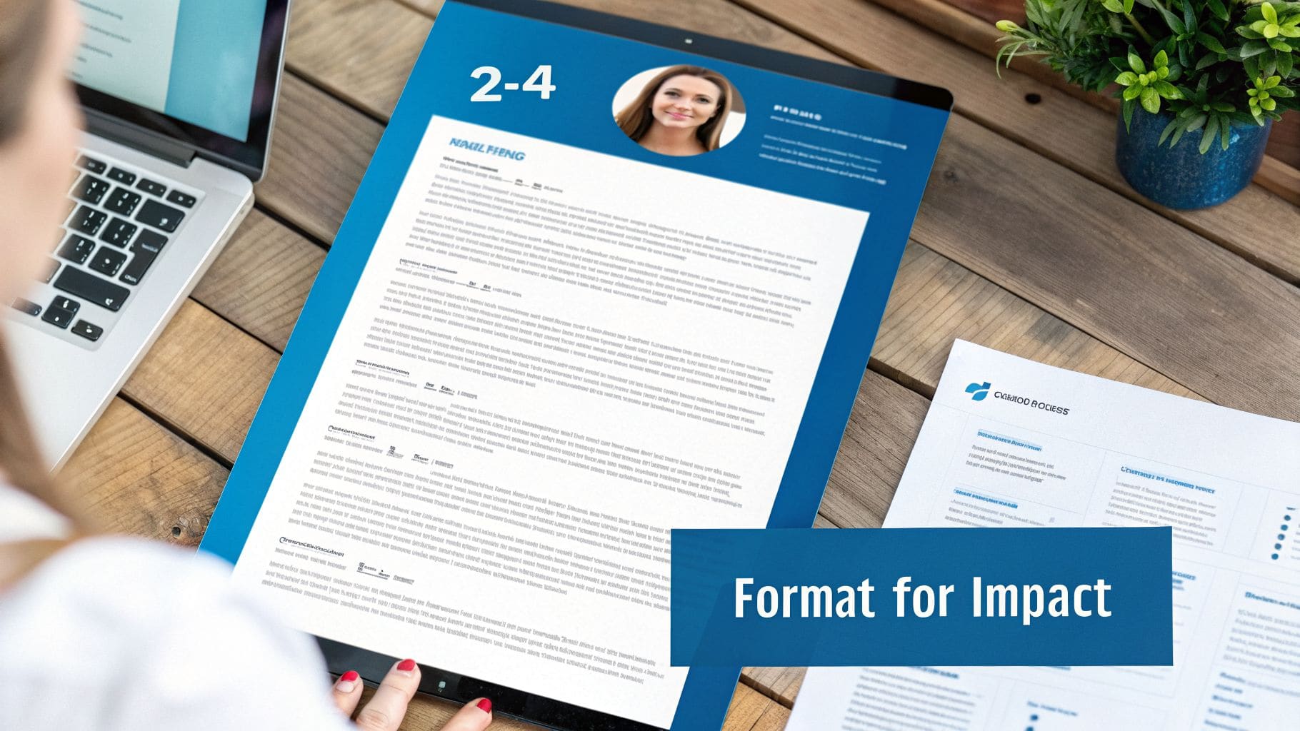 Person viewing digital resume on tablet with laptop and documents on wooden desk