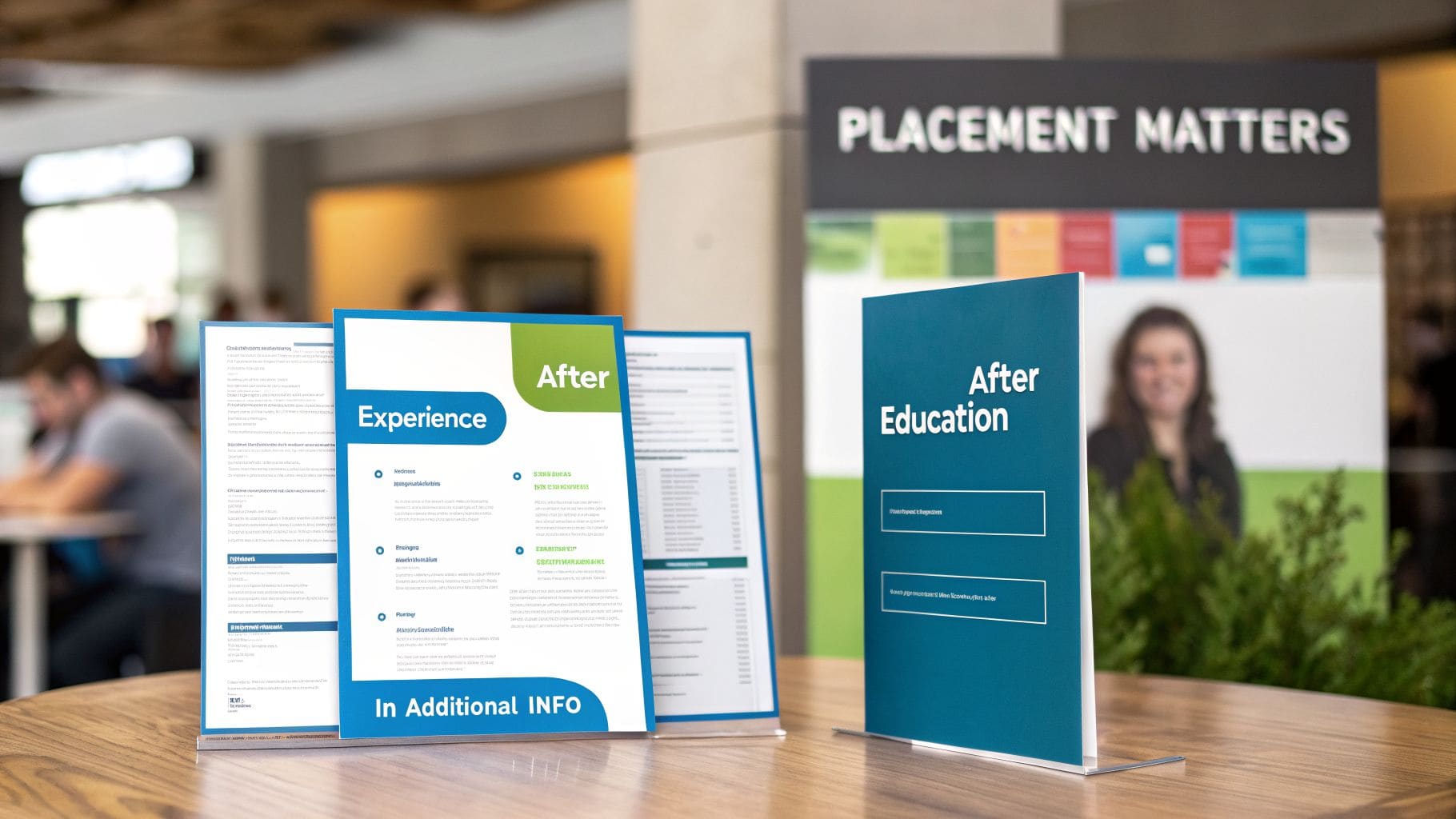 Brochures about After Education and Experience on wooden table at career event