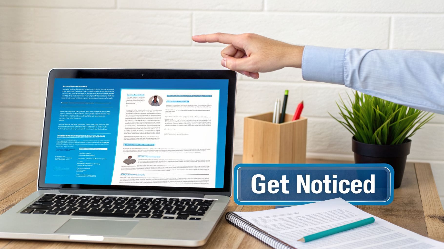 Hand pointing to digital resume on laptop screen with Get Noticed sign on desk