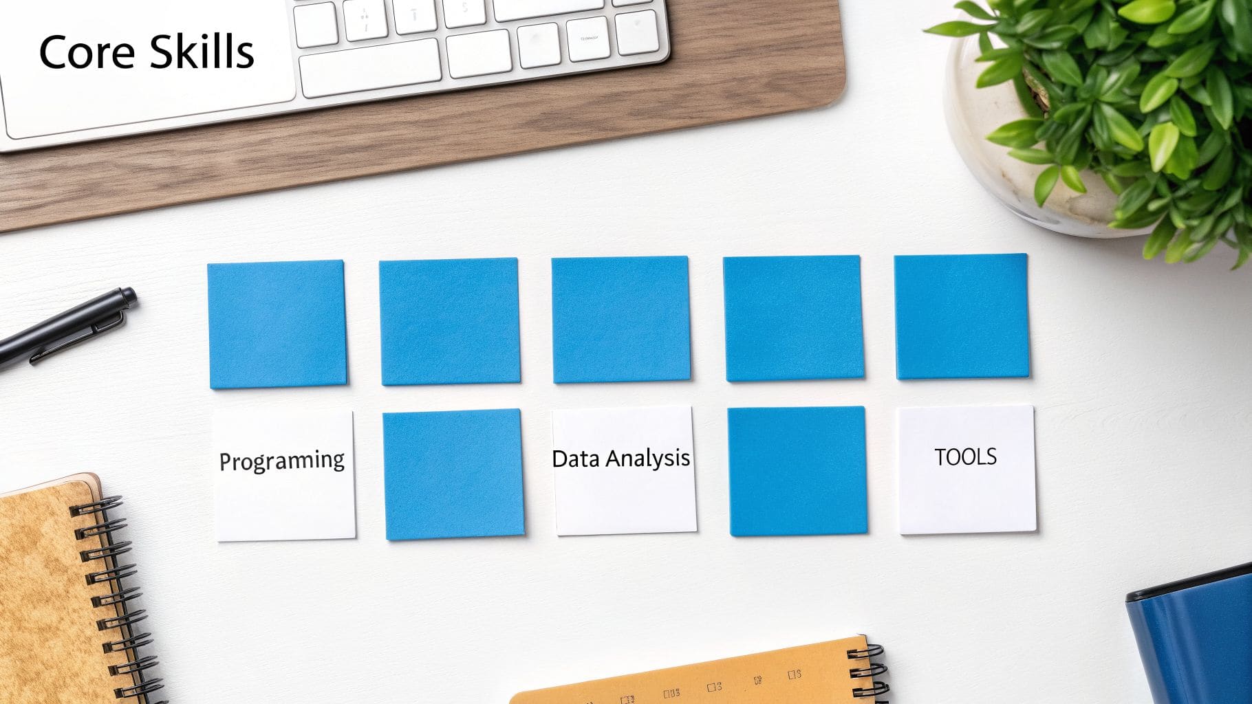 Flat lay of desk showing Core Skills notes for Programming, Data Analysis, and Tools