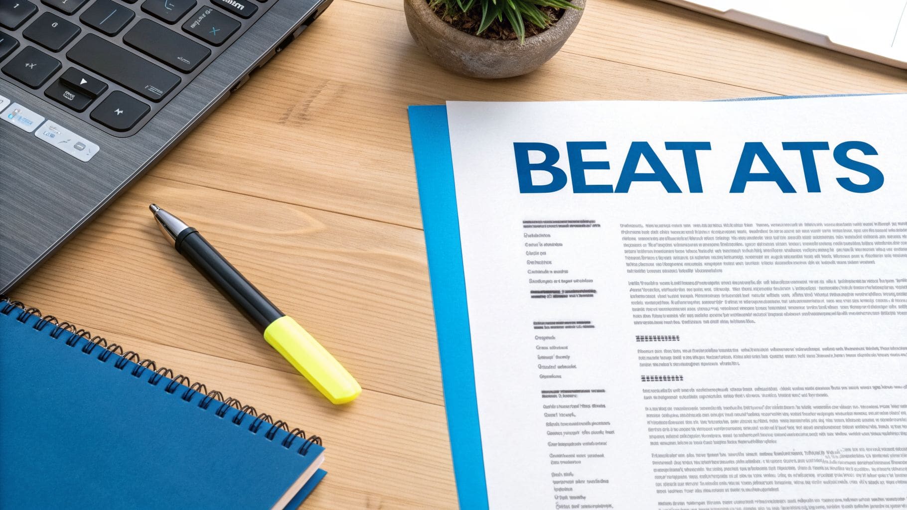 Top-down view of wooden desk with laptop, pen, blue notebook, and document titled BEAT ATS