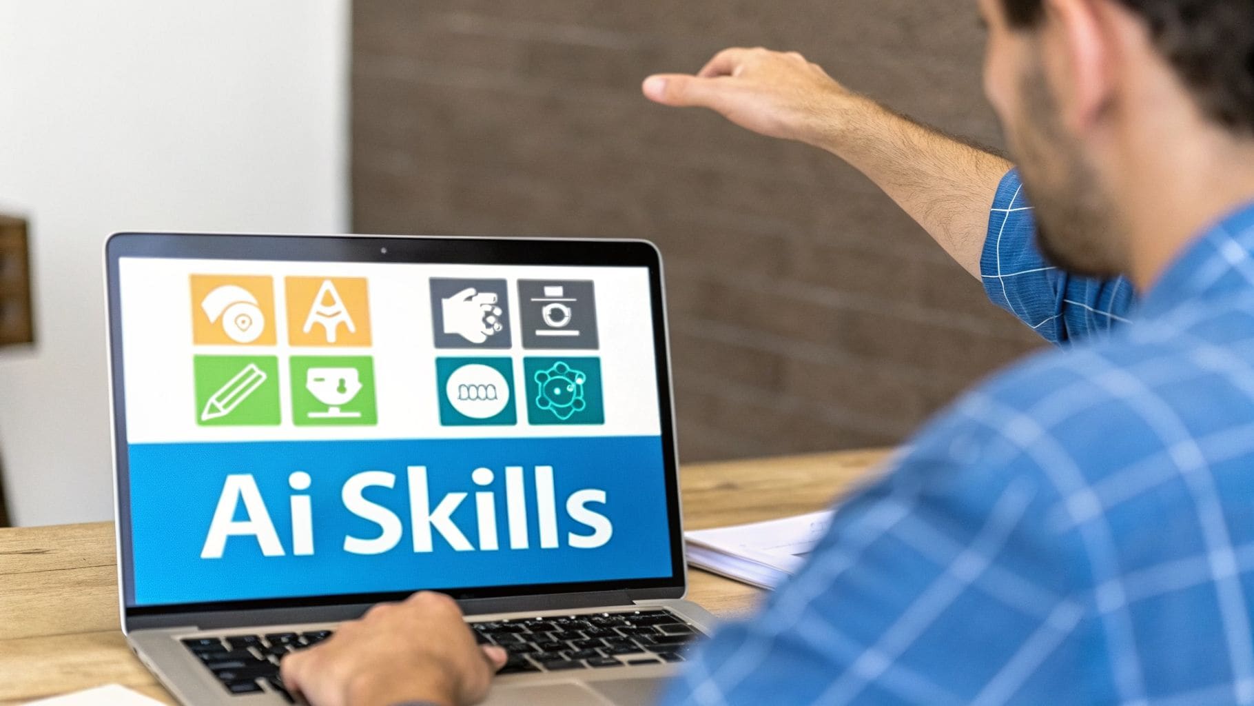 Man learning AI skills on laptop with various technology icons displayed on screen