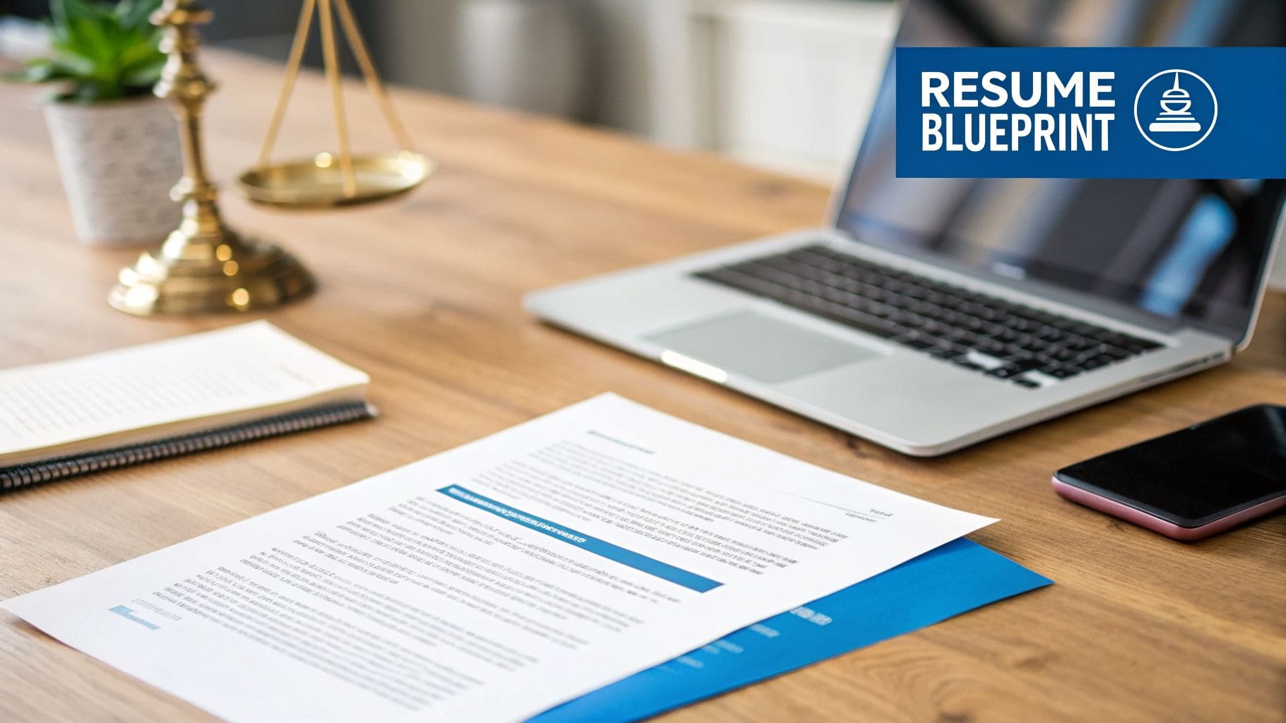 Resume and legal documents on wooden desk with laptop, smartphone, and balance scale