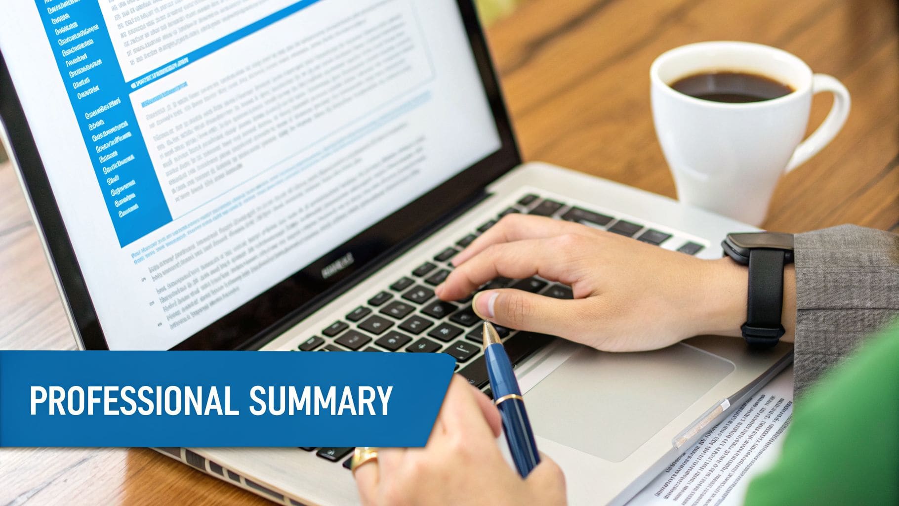 Person writing professional summary on laptop with pen and cup of coffee
