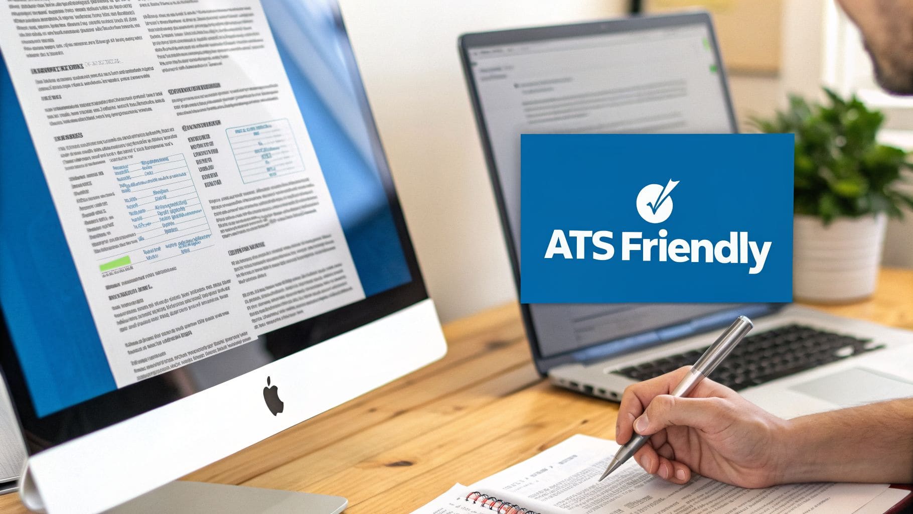 Person writing on notepad at desk with computers, one displaying ATS Friendly resume text