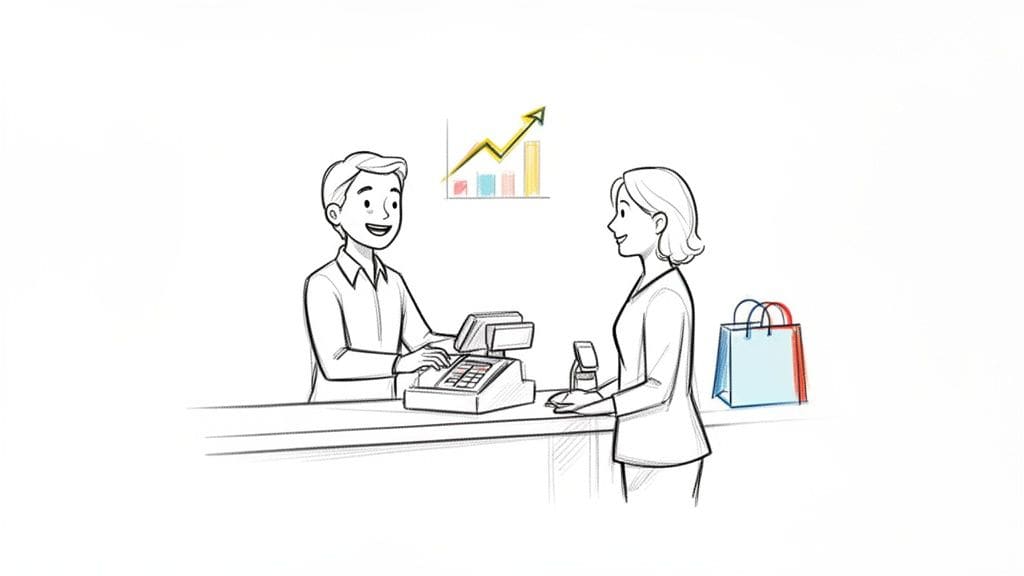 Cheerful cashier helps customer at checkout counter symbolizing retail sales growth