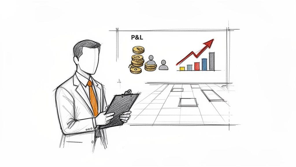 Sketch of businessman with clipboard showing P&L chart with coins, people, and growth