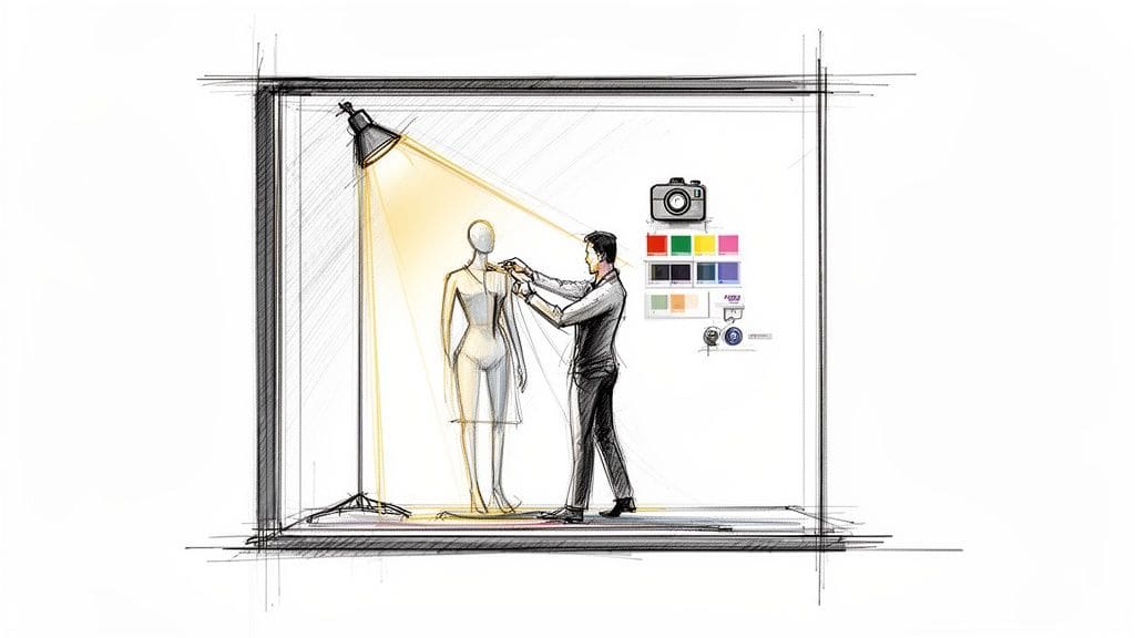 Sketch of fashion designer adjusting dress on mannequin in studio with spotlight and camera