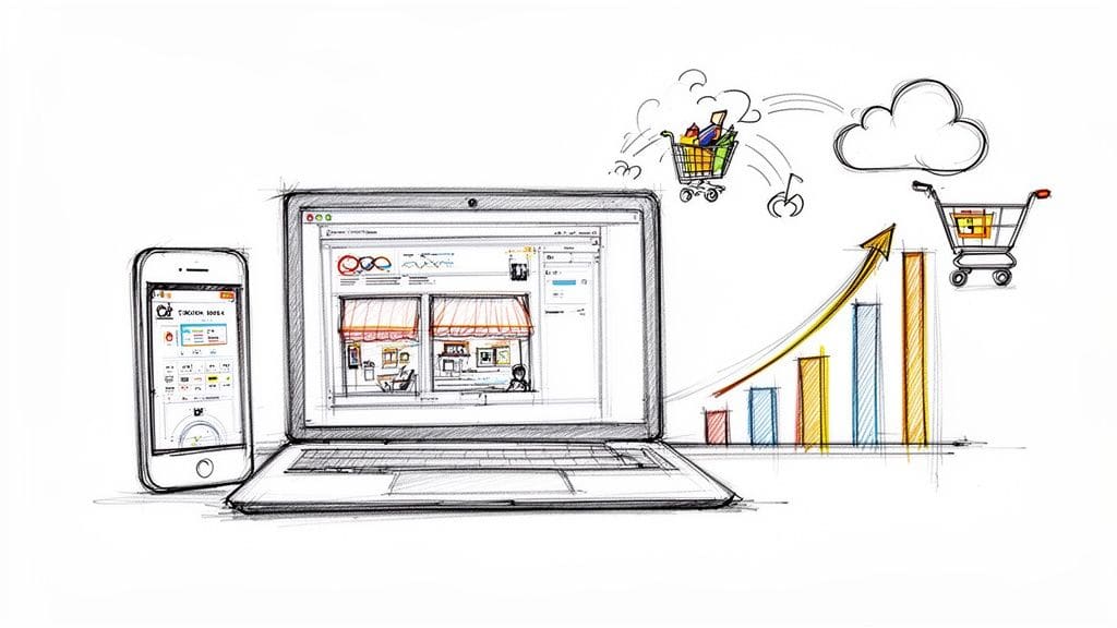 Sketch of digital retail showing smartphone, laptop, online shopping, cloud computing, and business growth