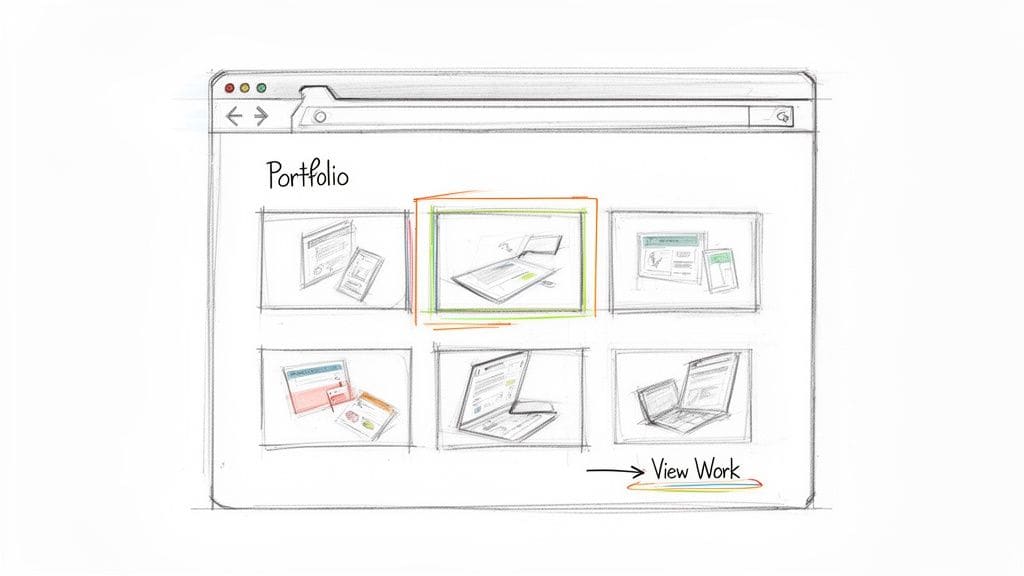 Hand-drawn sketch of web browser showing portfolio page with various design project thumbnails, one highlighted