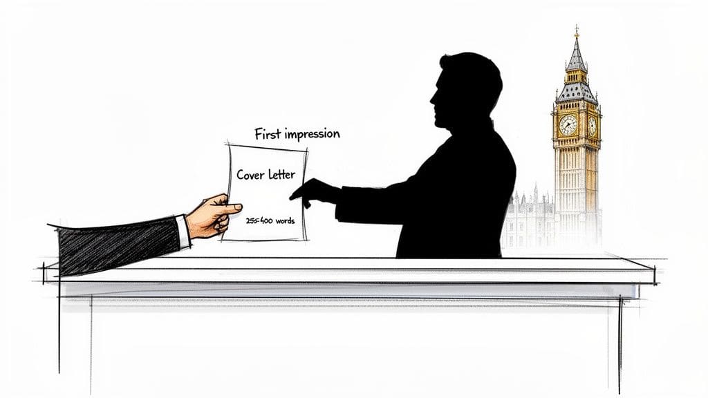 Hand offers Cover Letter document labeled First impression to recruiter's silhouette with Big Ben in background