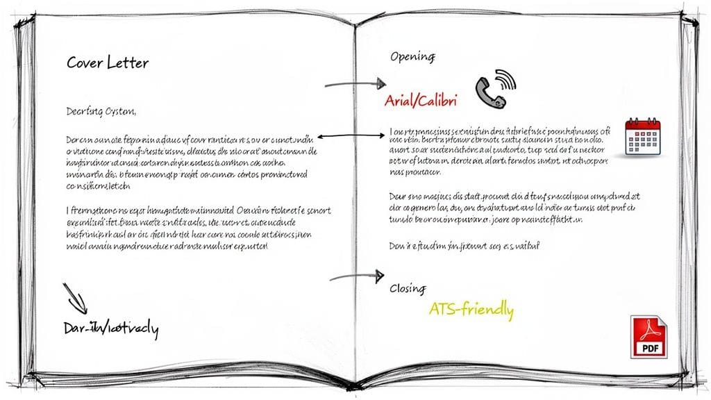 Open book illustrating cover letter writing tips including sections, fonts like Arial and Calibri, and ATS-friendly advice