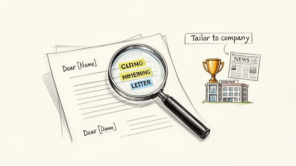 Illustration of customizing cover letter highlighting generic words and emphasizing tailoring to company