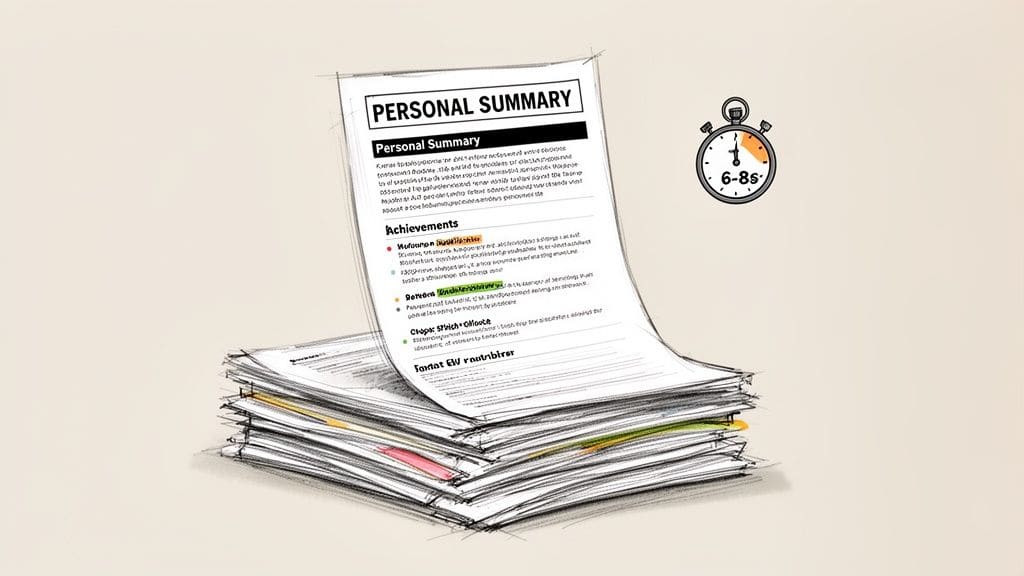 Stack of resumes with Personal Summary page visible next to stopwatch showing 6-8s