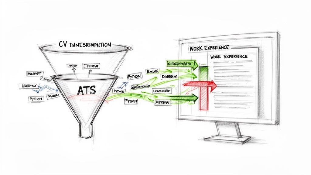 Diagram illustrating how ATS funnels CVs filtering keywords for work experience matching