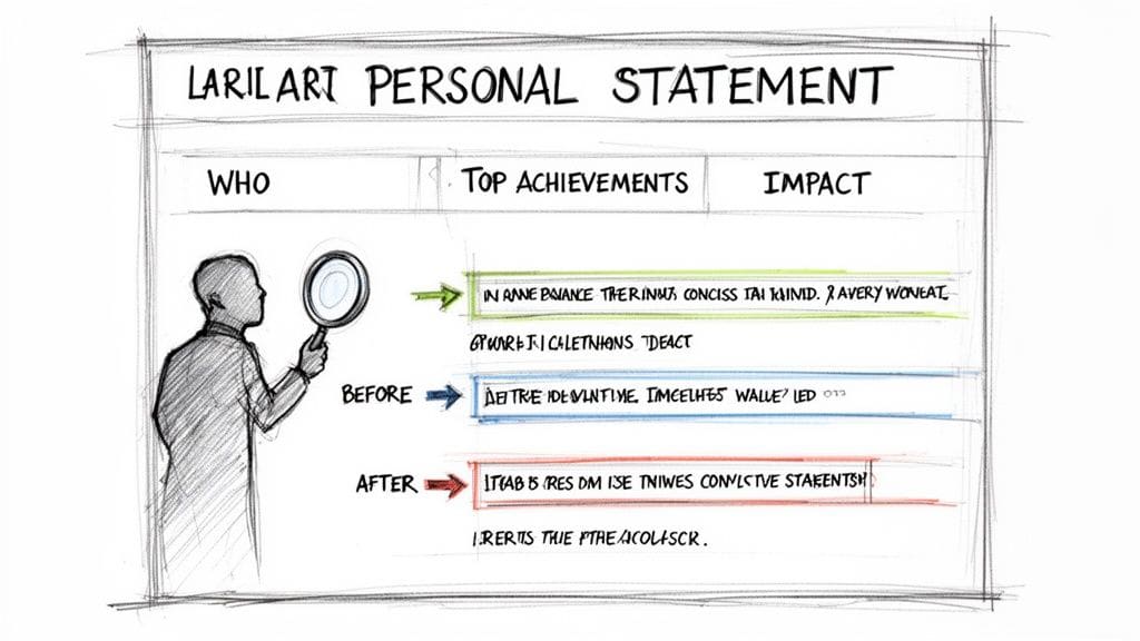 Hand-drawn Larilart Personal Statement template with Who, Top Achievements, and Impact sections, and person with magnifying glass