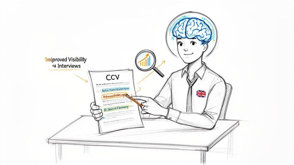 Cartoon man with glowing brain analyzes CV document for improved visibility and interviews