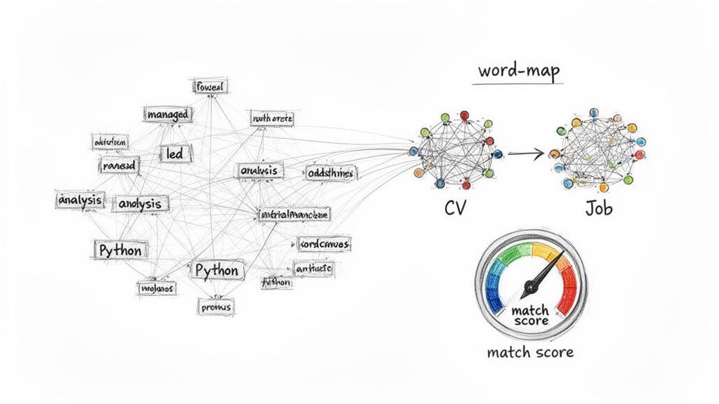 Diagram illustrates how word-map matches CV to job displaying match score