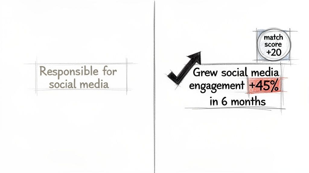 Image illustrating career transformation from Responsible for social media to Grew engagement +45% with +20 match score
