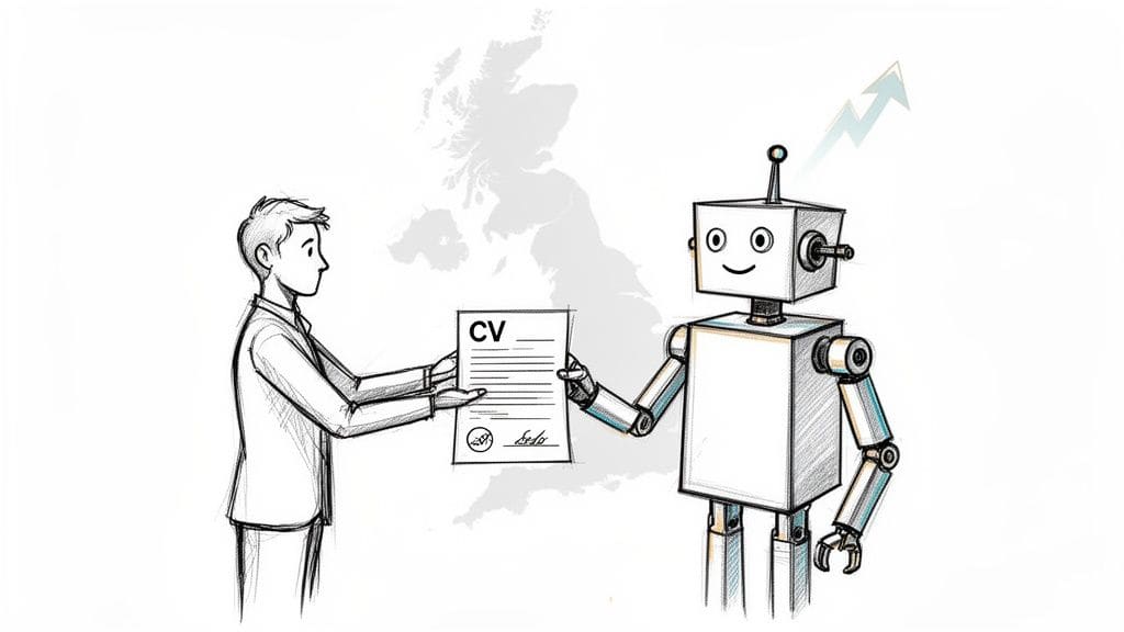 Man giving CV to robot with UK map background