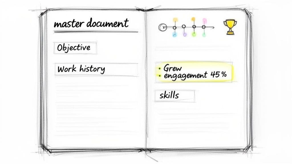 Notebook outlining master document with objective, work history, skills, and achievements