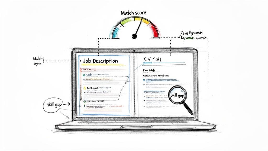 Laptop screen comparing job description and CV with match score and skill gaps