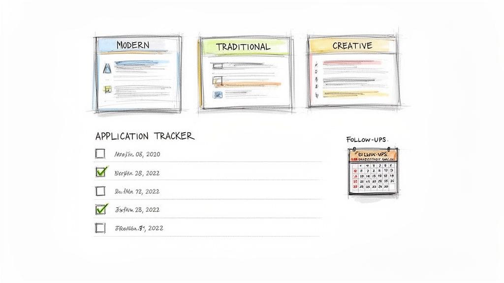 Modern, traditional, and creative CV styles with application tracker and follow-up calendar