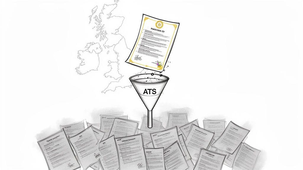 CV document being filtered through ATS funnel with rejected applications below UK map