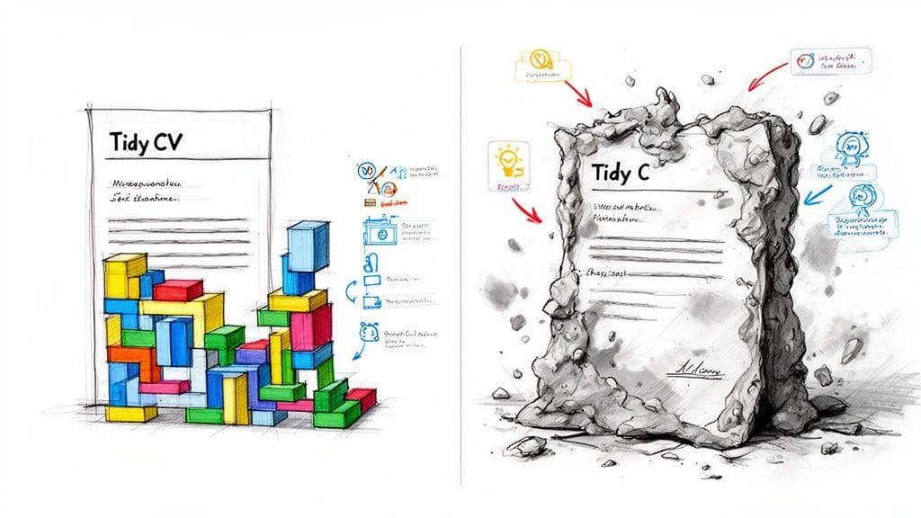 Two conceptual CV illustrations: one tidy with colorful blocks, one crumbling
