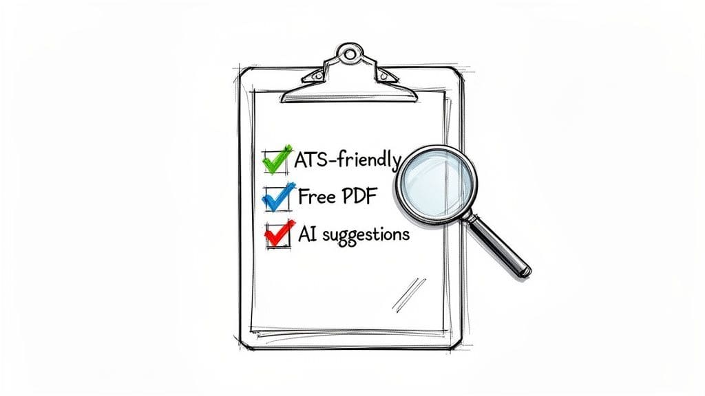 Clipboard with checklist for ATS-friendly, Free PDF, and AI suggestions next to magnifying glass