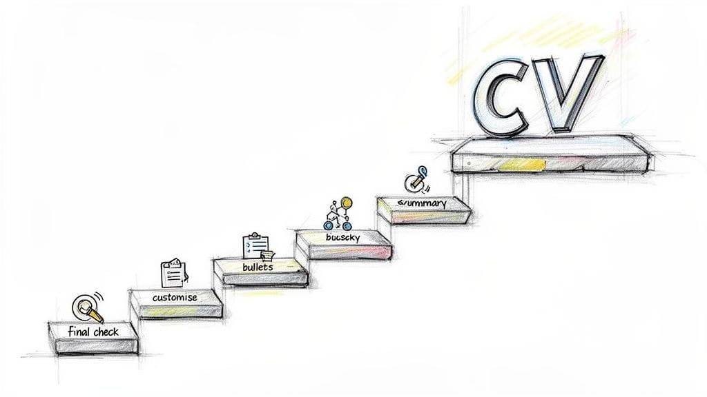 Hand-drawn diagram illustrating CV creation process with sections like summary and final check