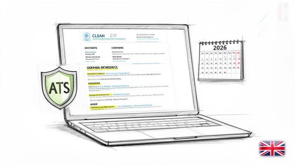Laptop displaying CV with ATS optimization, calendar, and UK flag