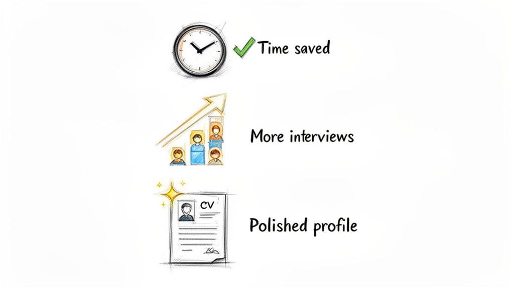 Three illustrated benefits: time saved, more interviews, and polished CV profile