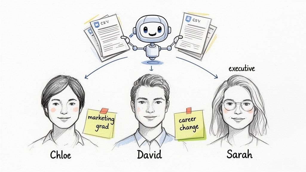 AI robot sorts CVs to three diverse candidates: Chloe, David, and Sarah