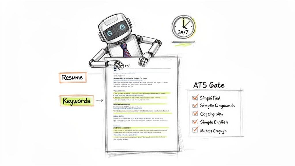 AI robot reviews resume highlighting keywords for ATS gate showing simplified accessible processing