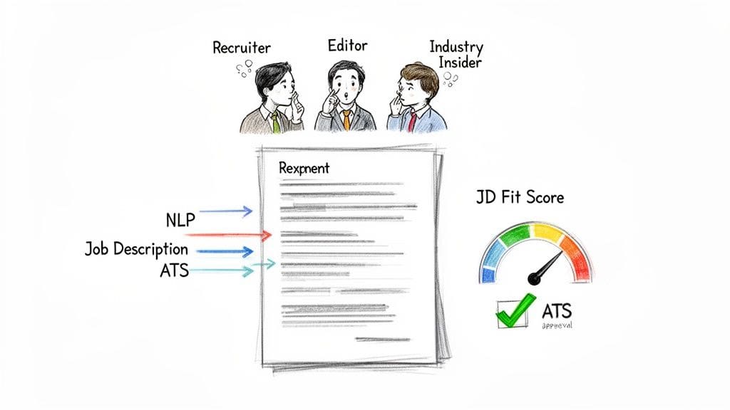 AI-powered resume optimization process showing NLP, Job Description, and ATS inputs generating JD Fit Score and ATS approval