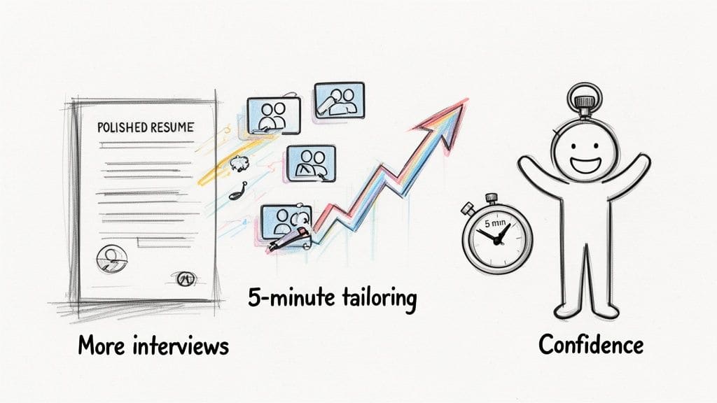 Cartoon illustrating polished resume and quick tailoring leading to more interviews and confidence
