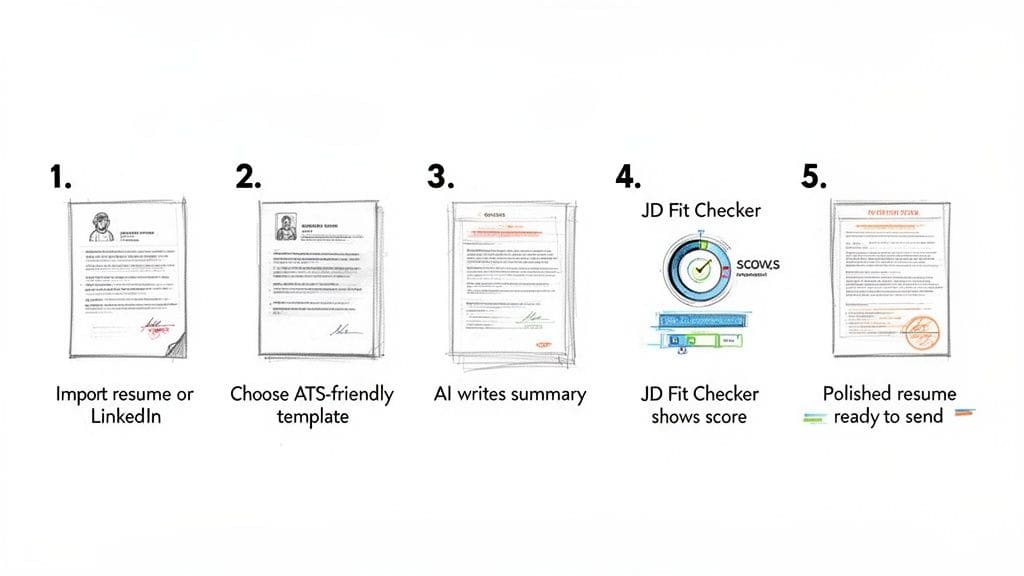 Five-step process showing how AI resume builder works from importing data to polished resume